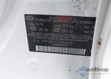 2018 Hyundai Elantra Sel/Value/Limited z USA, uszkodzony, nr VIN 5NPD84LF5JH364968